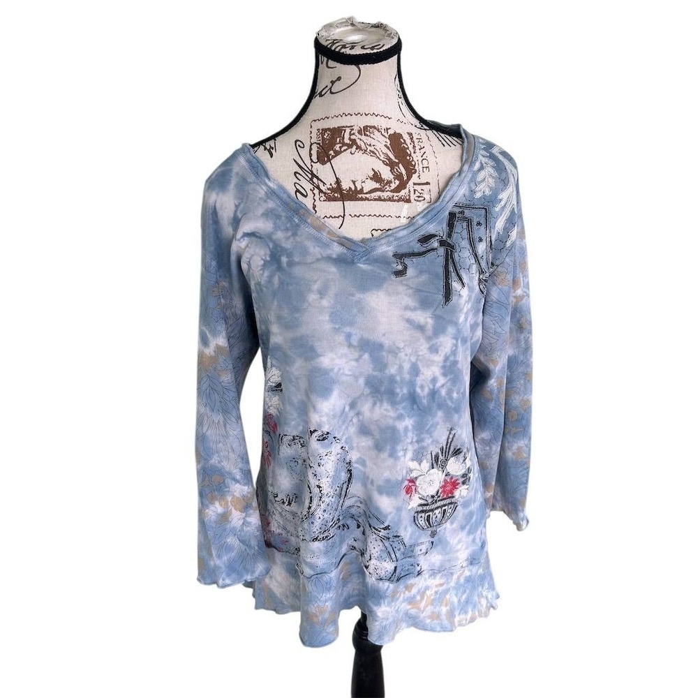VTG Y2K Glima Women's M Blue Tie-Dye Floral V-Neck Fairy Whimsigoth USA Made